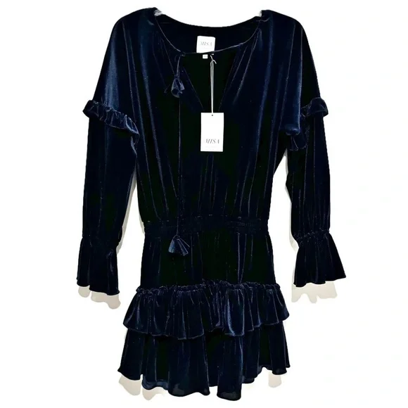 MISA Los Angeles | Lorena Blue Velvet Long Sleeve Ruffle Mini Dress Size XS NWT - Picture 4 of 10